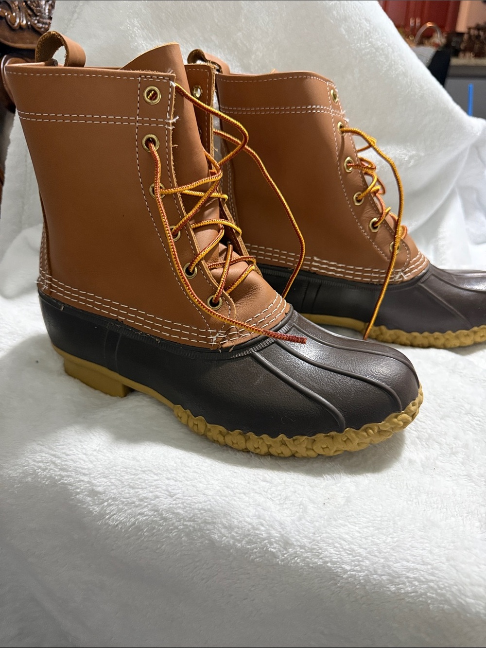 L.L. Bean Brown & Dark Brown Leather Duck Boots Men size 7M. Or. Women size 9M